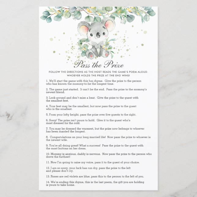 Lámina Koala Greenery Baby Shower Pass the Prize  (Anverso)