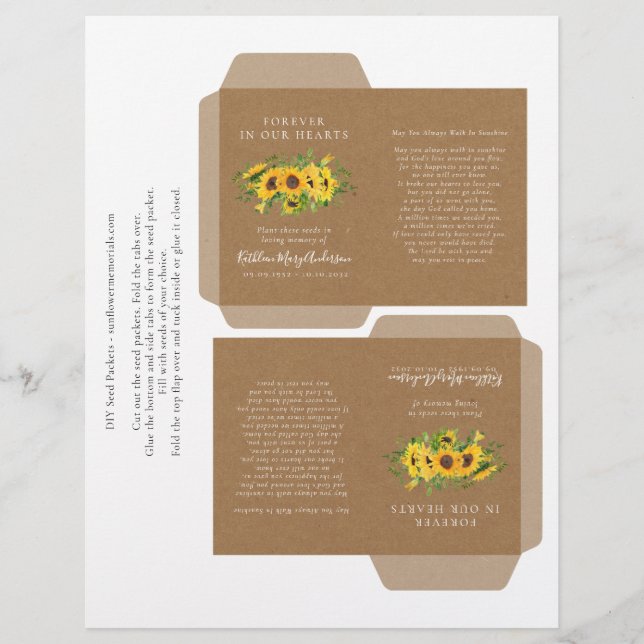 Lámina Kraft Sunflower Memorial Seed Packet DIY Template (Anverso)