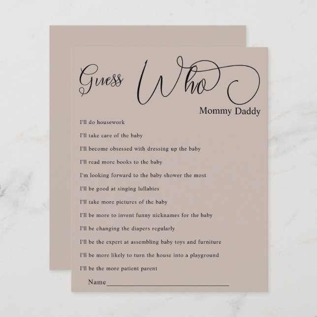 Lámina La caligrafía mínima moderna de Baby Shower adivin (Anverso / Reverso)