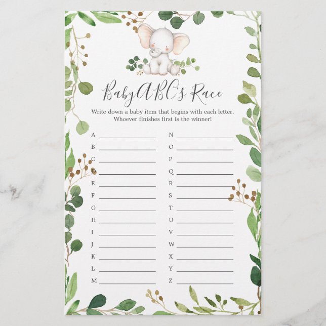 Lámina La carrera de Elephant Baby Shower ABC (Anverso)