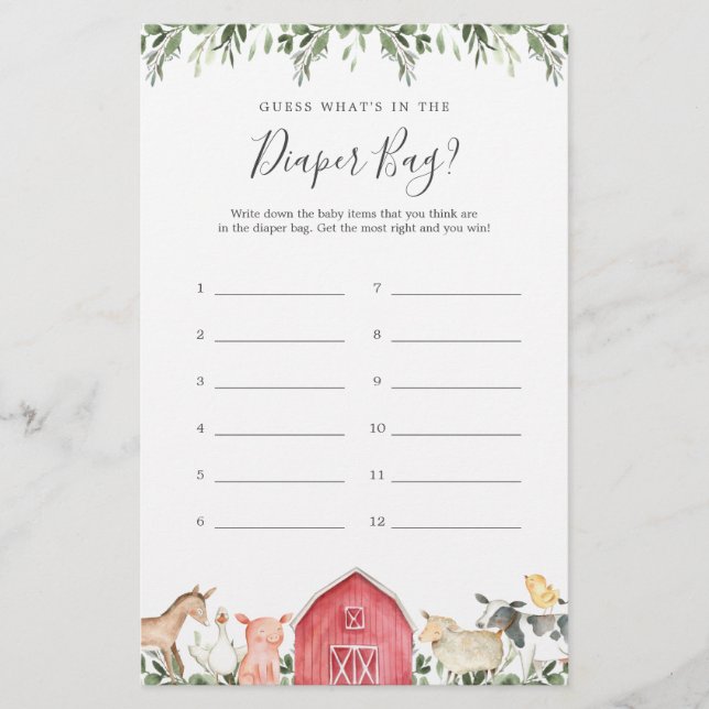 Lámina La granja Baby Shower adivina qué hay en la bolsa  (Anverso)