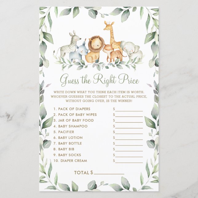 Lámina La jungla adivina el juego de Baby Shower de preci (Anverso)