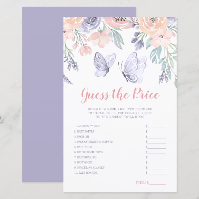 Lámina La mariposa rosa morada de flores adivina el juego (Anverso / Reverso)