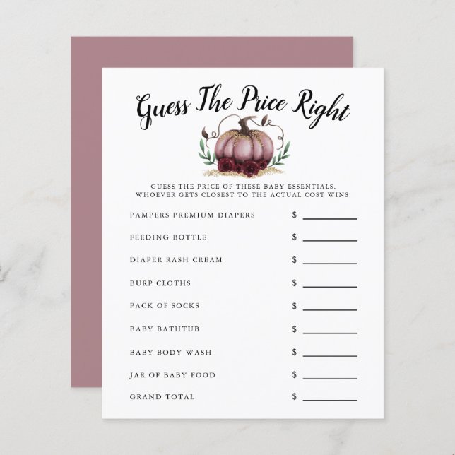 Lámina La Pequeña Calabaza Rosa Baby Shower Adivinan El P (Anverso / Reverso)