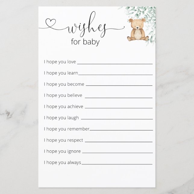 Lámina La vegetación Teddy Bear Los Deseos De Baby Shower (Anverso)