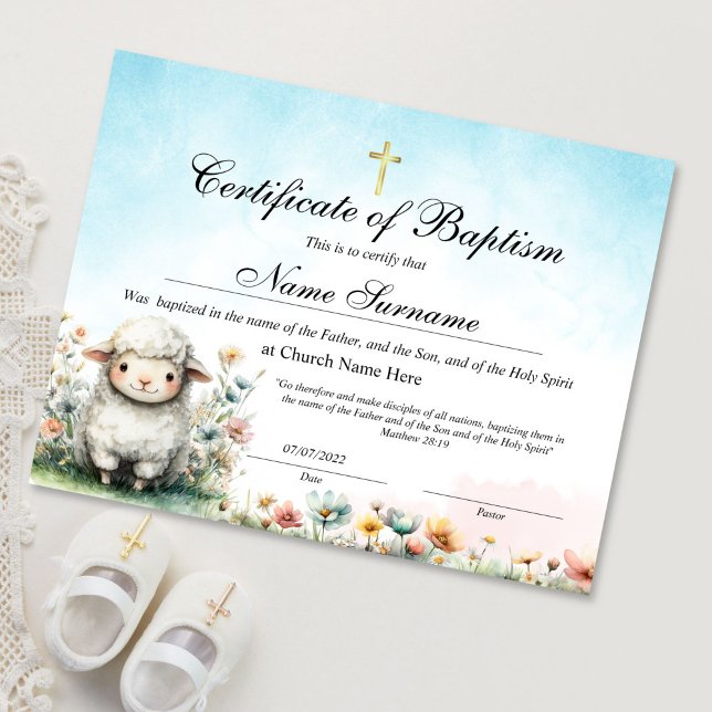 Lámina Lamb Certificate of Baptism, Baby Dedication (certificate of baptism with cute lamb illustration)