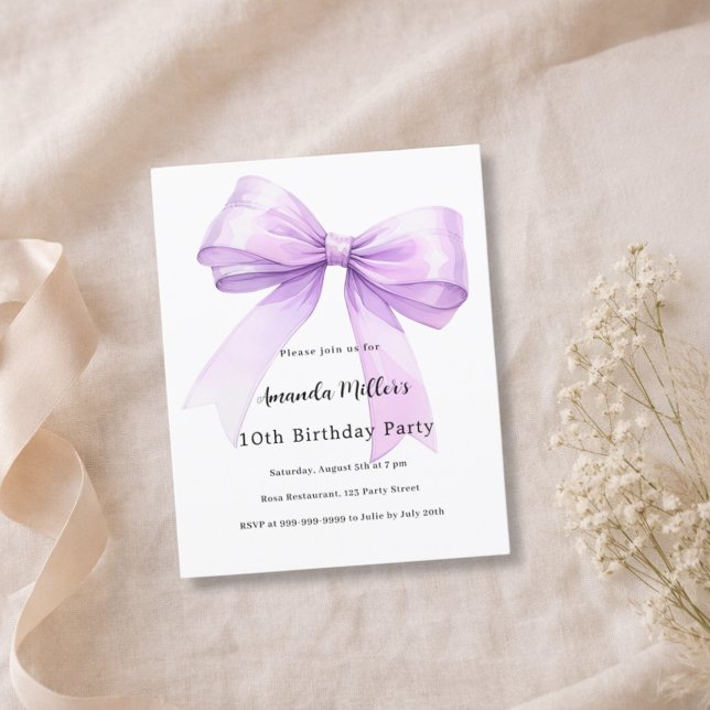 Lámina Lavender bow coquette girl birthday invitation (Subido por el creador)