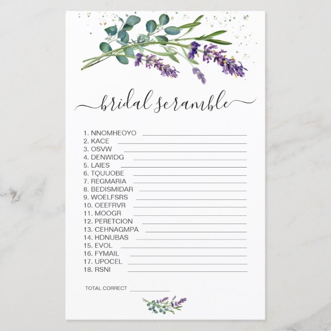 Lámina Lavender Eucalypt Word Scramble Bridal Shower Game (Anverso)