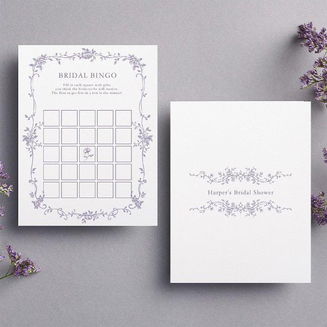Lámina Lavender Floral 'Bridal Bingo' Bridal Shower Game (Front & Back
)