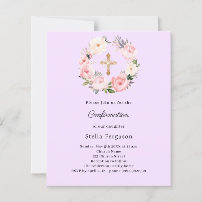 Lámina Lavender florals cross Confirmation invitation (Anverso)