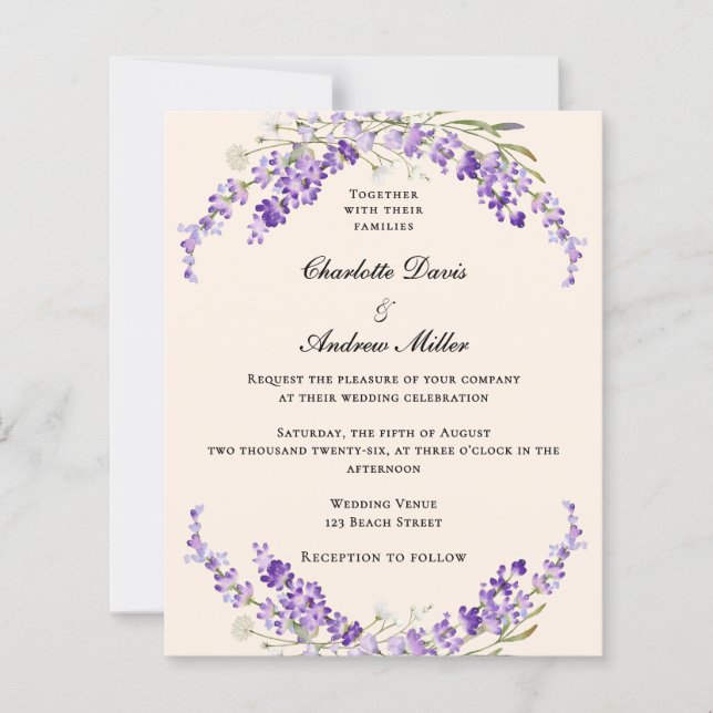 Lámina Lavender flowers champage cream wedding invitation (Anverso)