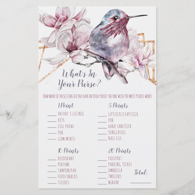 Lámina Lavender & Gold Hummingbird ¿Qué hay en tu bolso? (Anverso)
