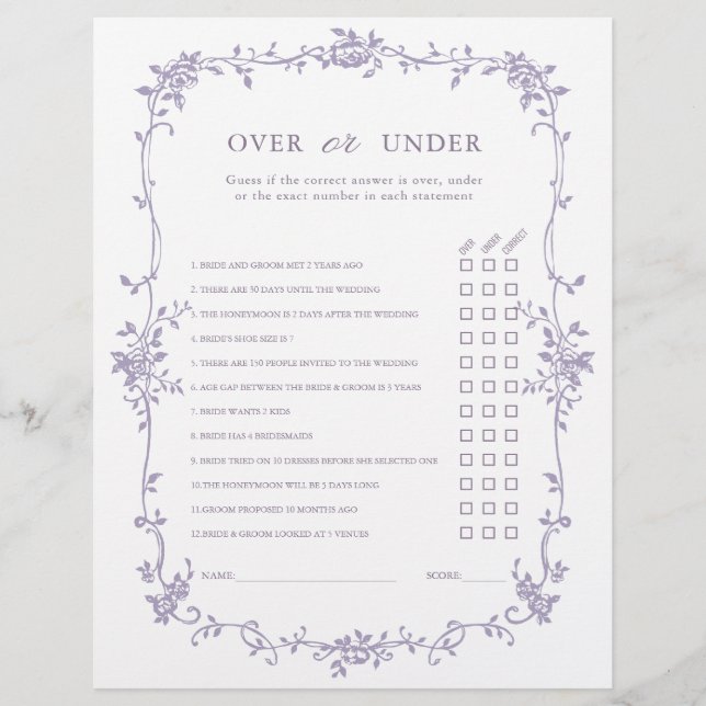 Lámina Lavender 'Over or Under' Bridal Shower Game (Anverso)