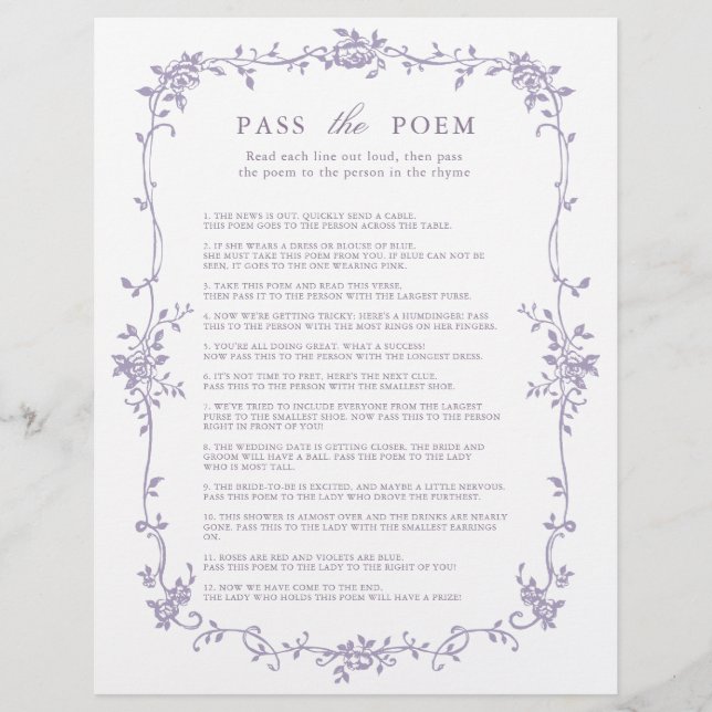 Lámina Lavender 'Pass the Poem' Bridal Shower Game (Anverso)