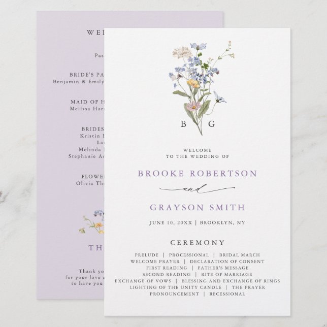 Lámina Lavender Wildflower Meadow Garden Wedding Program (Anverso / Reverso)