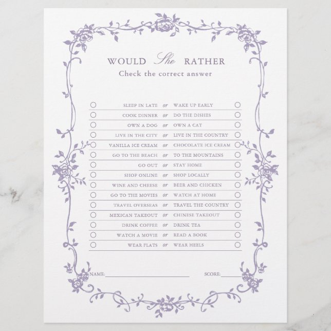Lámina Lavender 'Would She Rather' Bridal Shower Game (Anverso)