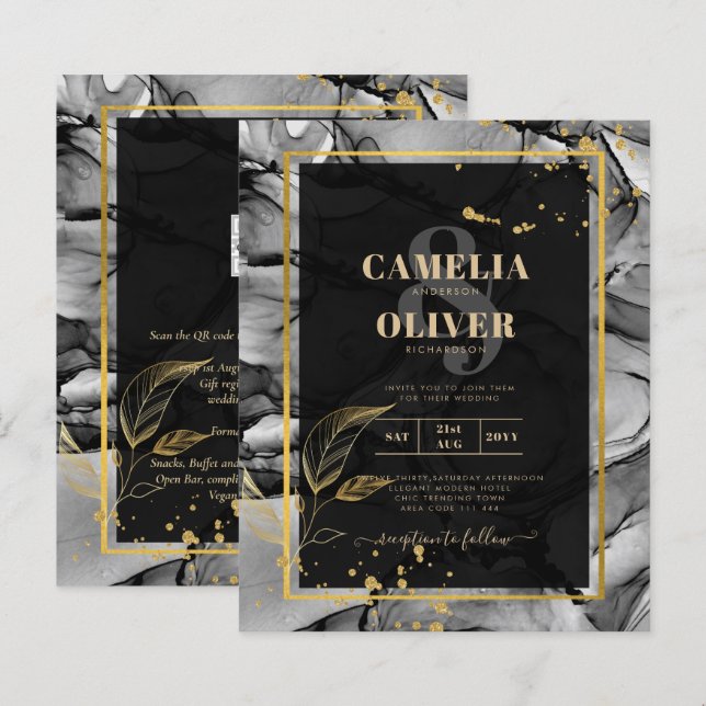 Lámina LeahG® Black Gold Ink Wedding INVITE (Anverso / Reverso)