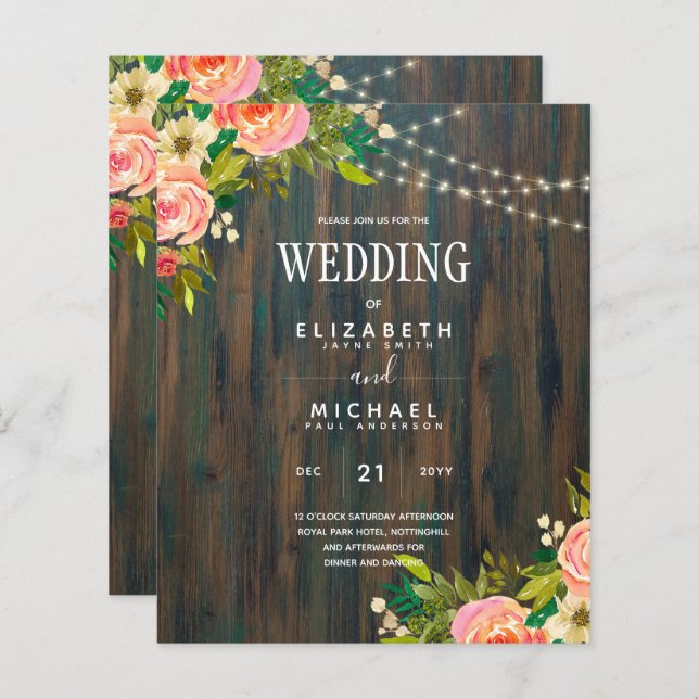 Lámina LeahG Boda floral de melocotones de madera rústica (Anverso / Reverso)