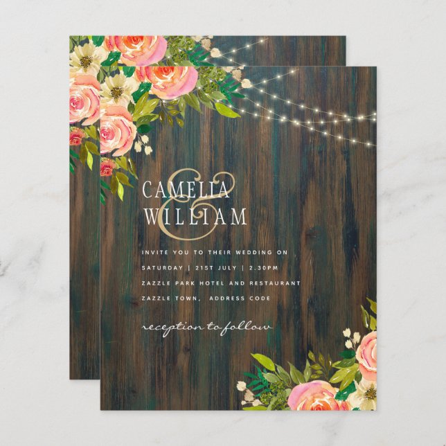 Lámina LeahG Boda floral de melocotones de madera rústica (Anverso / Reverso)