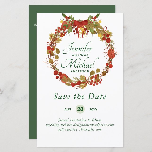 Lámina LeahG BUDGET Save Dates Red Rustic Festive Wreath (Anverso / Reverso)