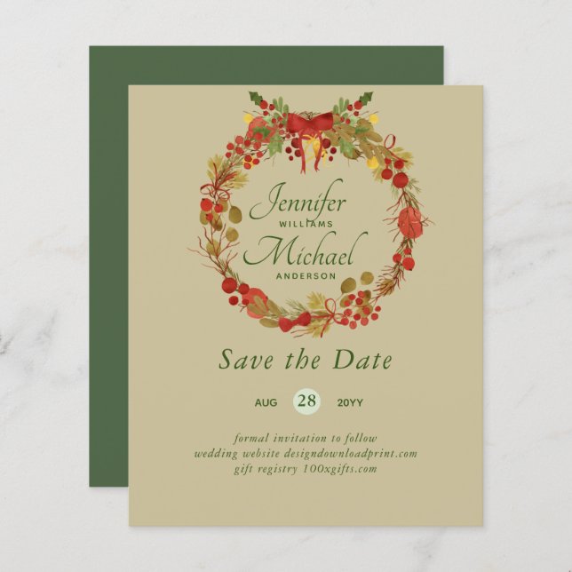 Lámina LeahG BUDGET Save Dates Red Rustic Festive Wreath (Anverso / Reverso)