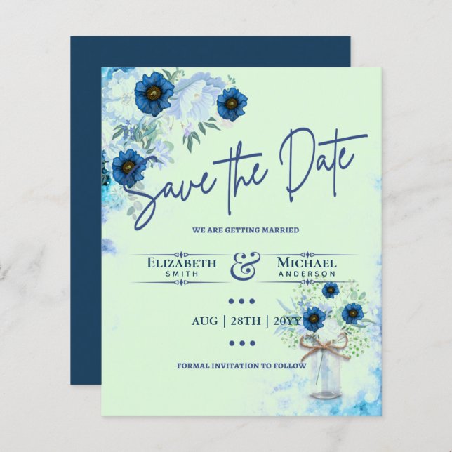 Lámina LeahG BUDGET Save The Date Blue Mint Florals (Anverso / Reverso)