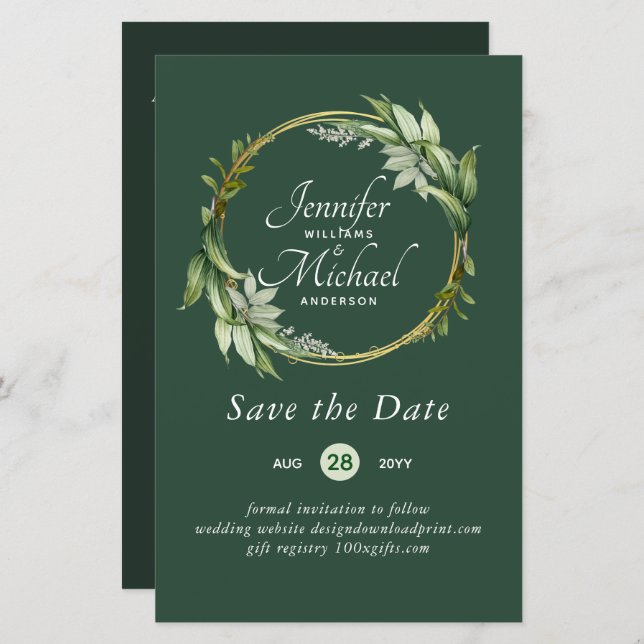 Lámina LeahG BUDGET Save The Date Greenery Wreath Modern (Anverso / Reverso)