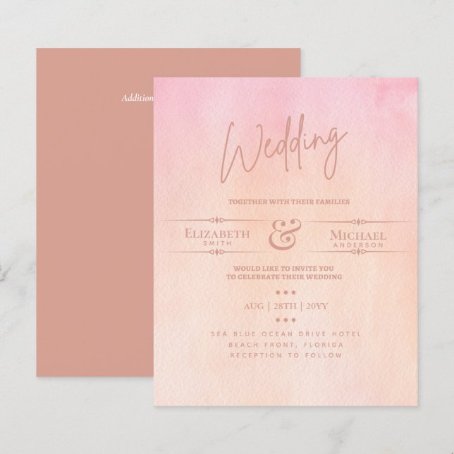 Lámina LeahG BUDGET Wedding Invitar la acuarela rosa (Anverso / Reverso)