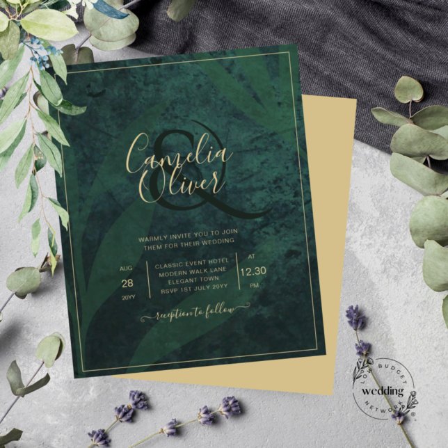 Lámina LeahG Emerald Forest Green Gold Wedding Invite (Subido por el creador)