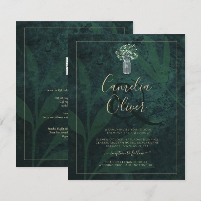 Lámina LeahG Emerald Forest Green Wedding INVITE (Anverso / Reverso)
