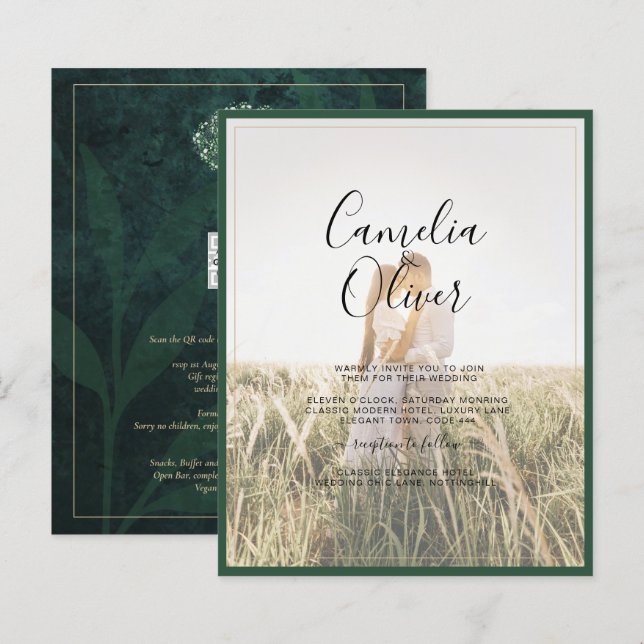 Lámina LeahG Emerald Forest Green Wedding INVITE (Anverso / Reverso)