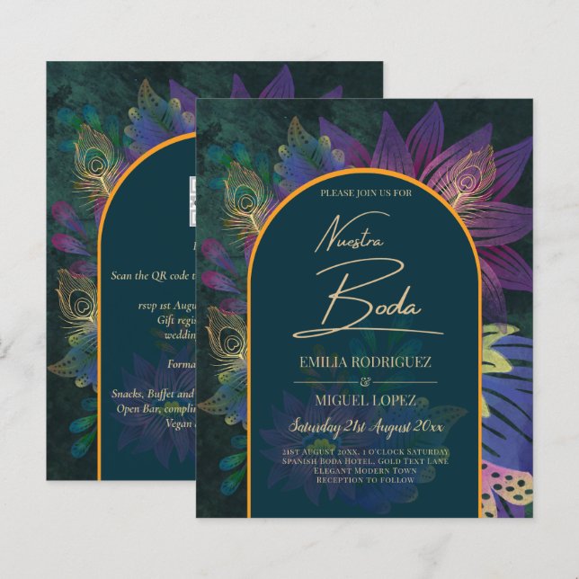 Lámina LeahG Green Purple Gold JEWEL TONES Wedding INVITE (Anverso / Reverso)