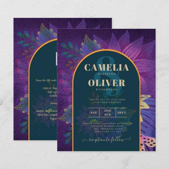 Lámina LeahG Green Purple Gold JEWEL TONES Wedding INVITE (Anverso / Reverso)