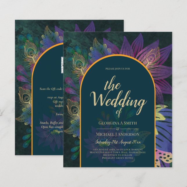 Lámina LeahG Green Purple Gold JEWEL TONES Wedding INVITE (Anverso / Reverso)