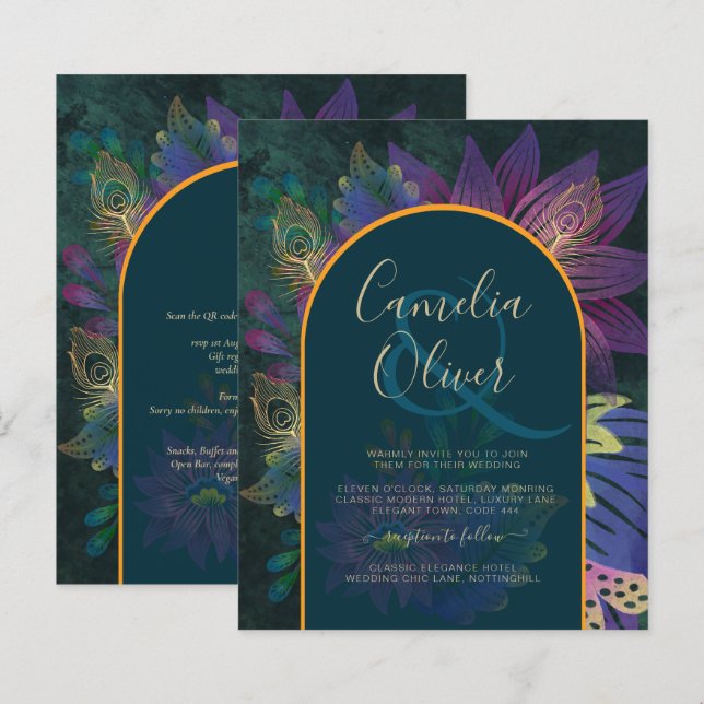 Lámina LeahG Green Purple Gold JEWEL TONES Wedding INVITE (Anverso / Reverso)