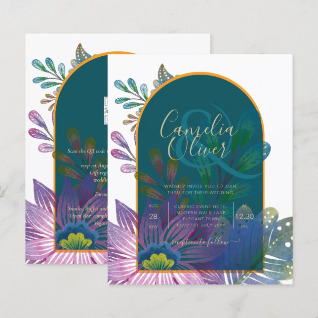 Lámina LeahG Green Purple Gold JEWEL TONES Wedding INVITE (Anverso / Reverso)