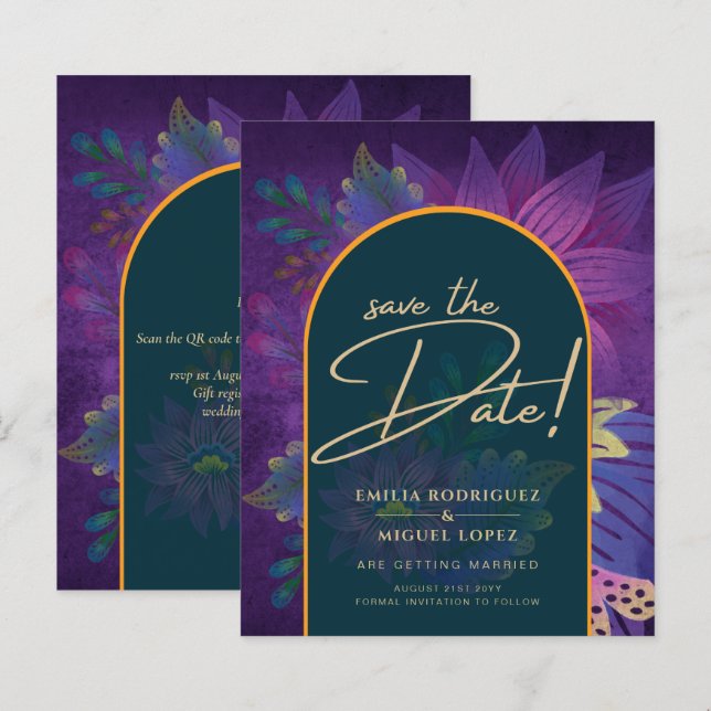 Lámina LeahG Green Purple Gold JEWEL TONES Wedding INVITE (Anverso / Reverso)