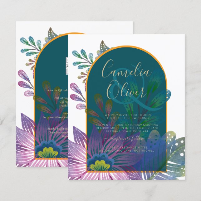 Lámina LeahG Green Purple Gold JEWEL TONES Wedding INVITE (Anverso / Reverso)