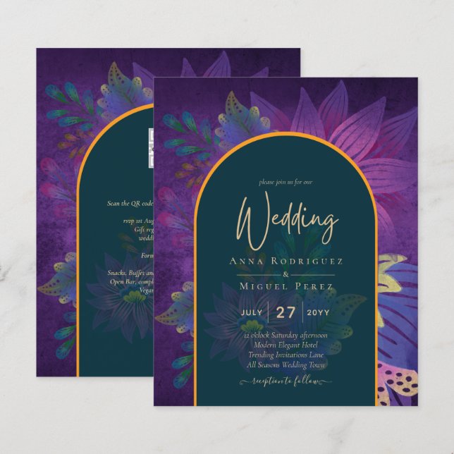 Lámina LeahG Green Purple Gold JEWEL TONES Wedding INVITE (Anverso / Reverso)
