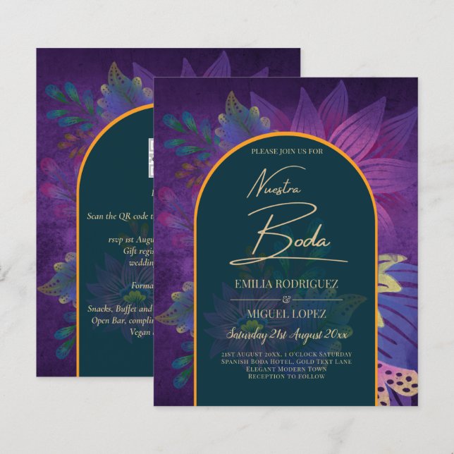 Lámina LeahG Green Purple Gold JEWEL TONES Wedding INVITE (Anverso / Reverso)