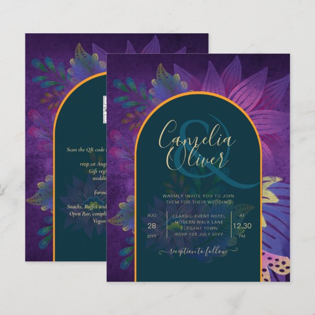 Lámina LeahG Green Purple Gold JEWEL TONES Wedding INVITE (Anverso / Reverso)