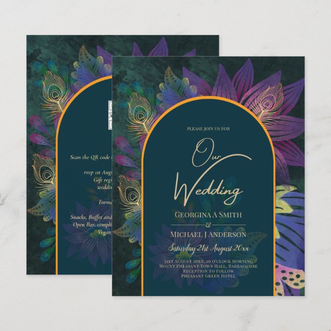 Lámina LeahG Green Purple Gold JEWEL TONES Wedding INVITE (Anverso / Reverso)