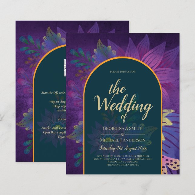 Lámina LeahG Green Purple Gold JEWEL TONES Wedding INVITE (Anverso / Reverso)