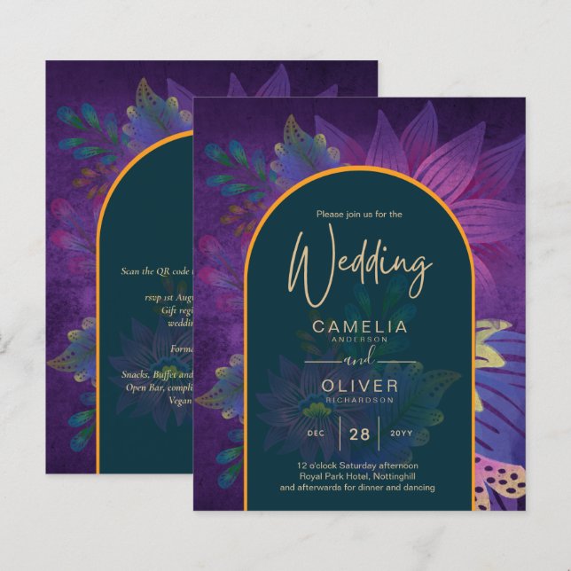 Lámina LeahG Green Purple Gold JEWEL TONES Wedding INVITE (Anverso / Reverso)