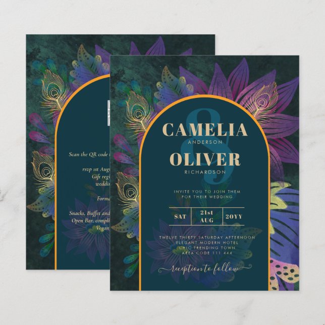 Lámina LeahG Green Purple Gold JEWEL TONES Wedding INVITE (Anverso / Reverso)
