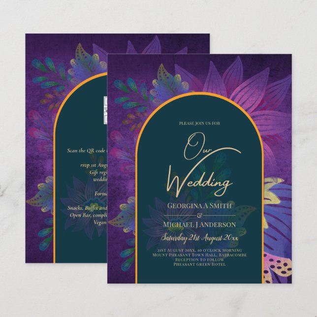 Lámina LeahG Green Purple Gold JEWEL TONES Wedding INVITE (Anverso / Reverso)