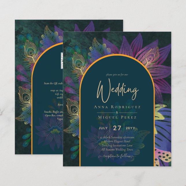Lámina LeahG Green Purple Gold JEWEL TONES Wedding INVITE (Anverso / Reverso)