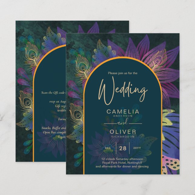 Lámina LeahG Green Purple Gold JEWEL TONES Wedding INVITE (Anverso / Reverso)