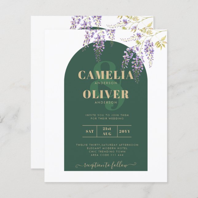 Lámina LeahG Green Purple Gold WISTERIA Wedding INVITE (Anverso / Reverso)