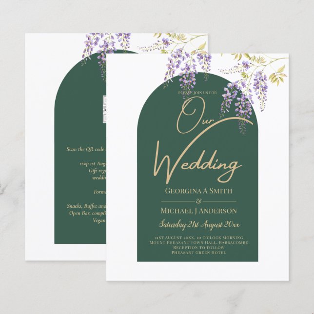 Lámina LeahG Green Purple Gold WISTERIA Wedding INVITE (Anverso / Reverso)